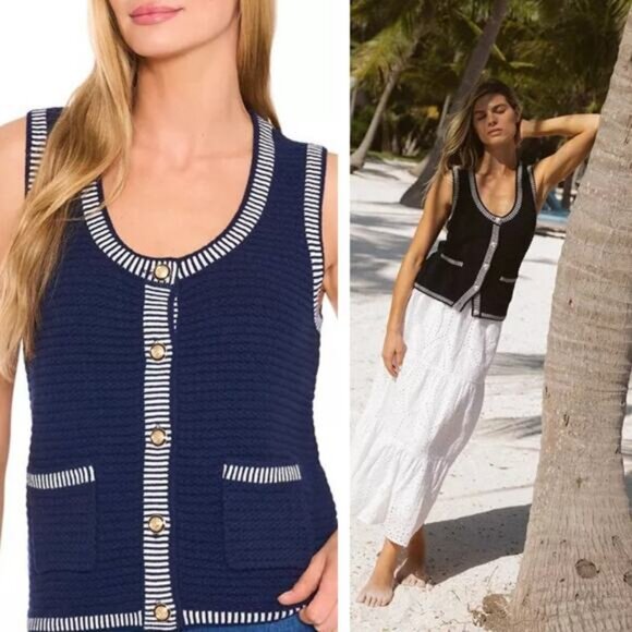 NWT JOIE Women's Sleeveless Navy White Striped Sweater Vest Size Medium - Picture 1 of 5